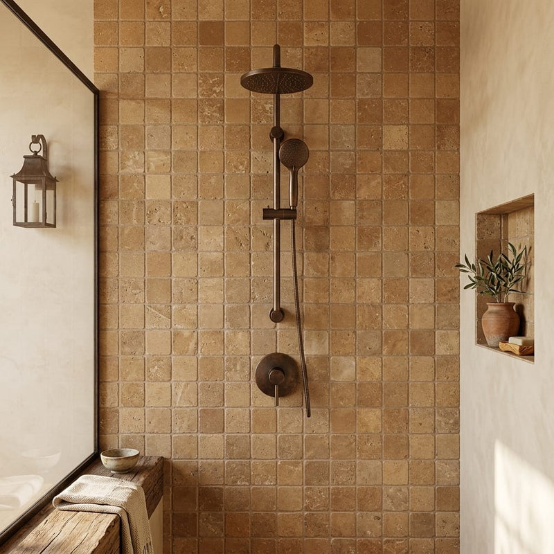 Noce (Antalya) Travertine 2x2 Tumbled Travertine Mosaic — Bathroom shower wall