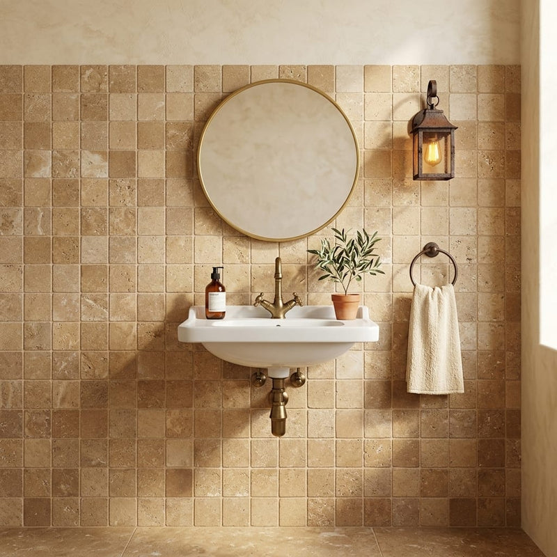 Noce (Antalya) Travertine 2x2 Tumbled Travertine Mosaic — Powder Room wall