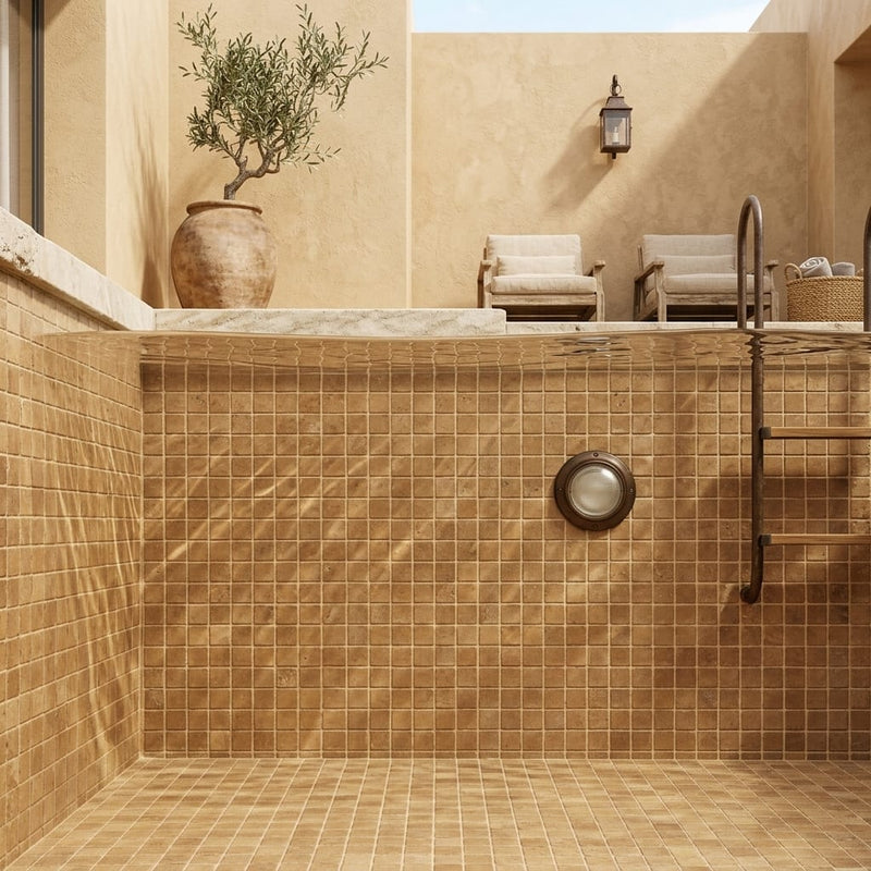 Noce (Antalya) Travertine 2x2 Tumbled Travertine Mosaic — Swimming Pool pool interior tiling