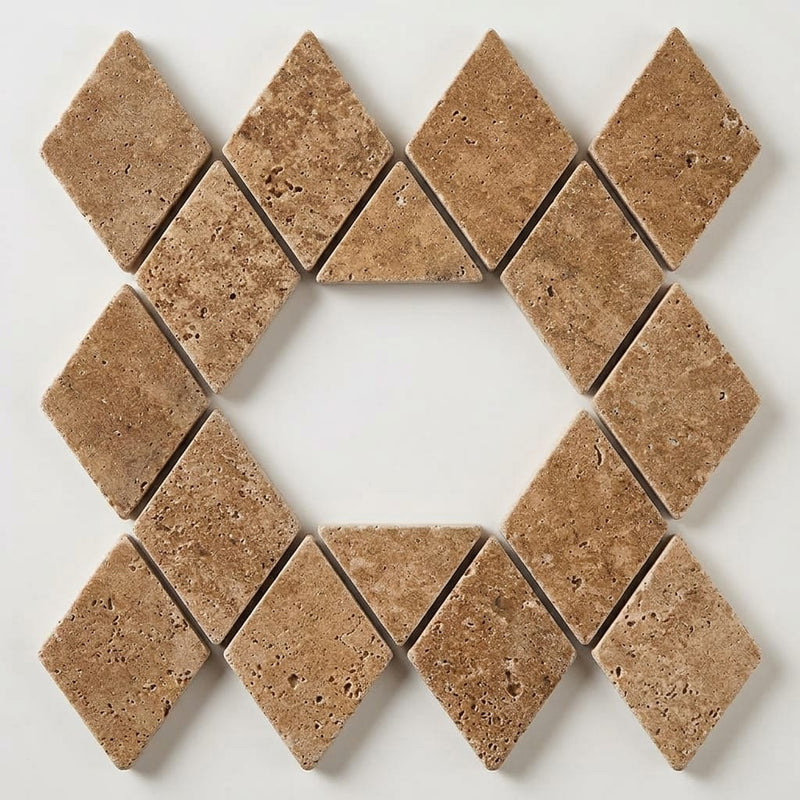 Noce (Antalya) Travertine 2x4 Tumbled Travertine Diamond / Rhomboid Mosaic close-up