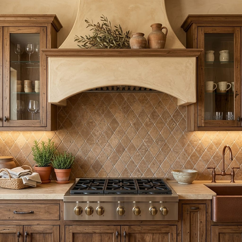 Noce (Antalya) Travertine 2x4 Tumbled Travertine Diamond / Rhomboid Mosaic — Kitchen backsplash