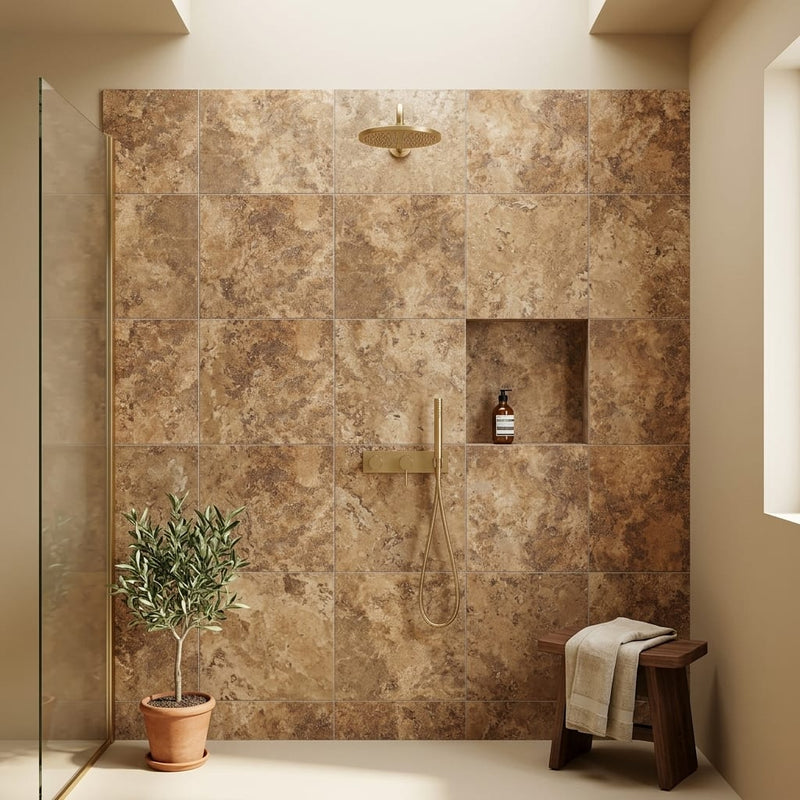 Noce (Antalya) Travertine 24x24 Filled & Honed Travertine Tile — Bathroom shower wall