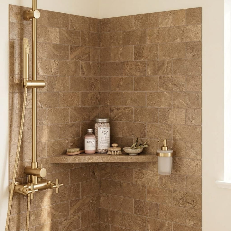 Noce (Antalya) Travertine 3x6 Filled & Honed Travertine Tile — Bathroom shower wall