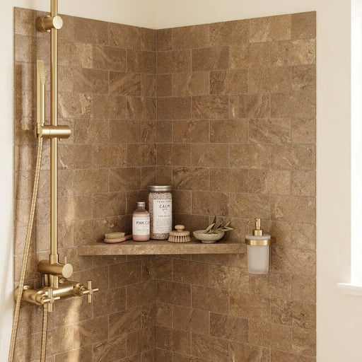Noce (Antalya) Travertine 3x6 Filled & Honed Travertine Tile — Bathroom shower wall