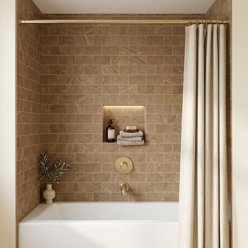 Noce (Antalya) Travertine 3x6 Filled & Honed Travertine Tile — Bathroom tub surround
