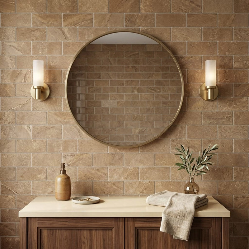 Noce (Antalya) Travertine 3x6 Filled & Honed Travertine Tile — Bathroom wall