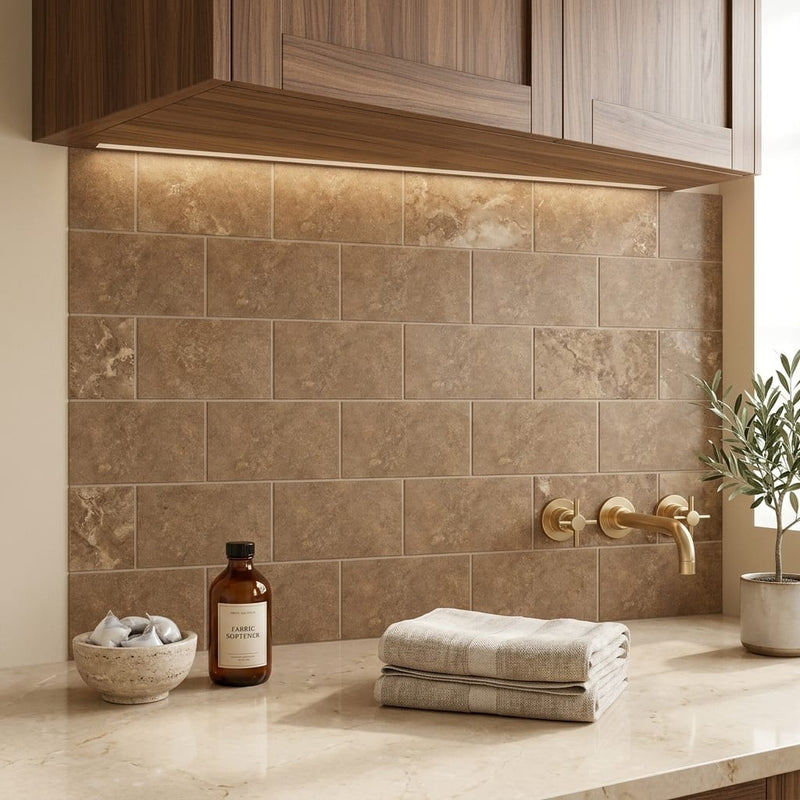 Noce (Antalya) Travertine 3x6 Filled & Honed Travertine Tile — Laundry Room backsplash