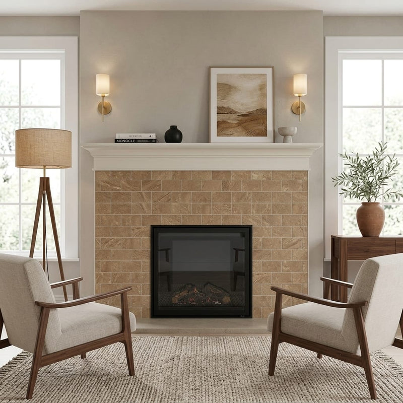 Noce (Antalya) Travertine 3x6 Filled & Honed Travertine Tile — Living Room fireplace surround