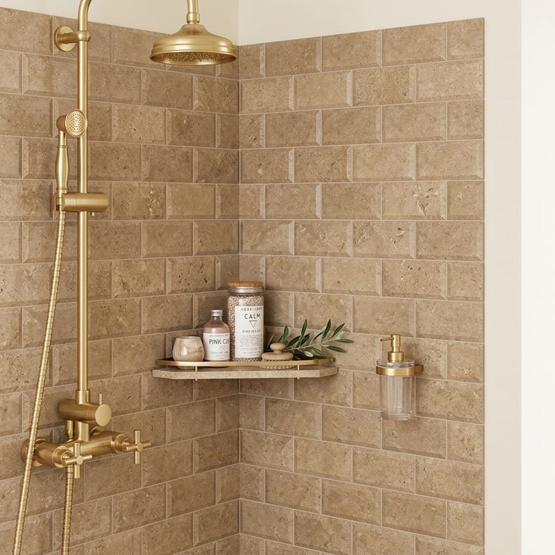 Noce (Antalya) Travertine 3x6 Honed Travertine Tile — Bathroom shower wall