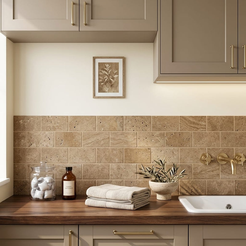 Noce (Antalya) Travertine 3x6 Honed Travertine Tile — Laundry Room backsplash
