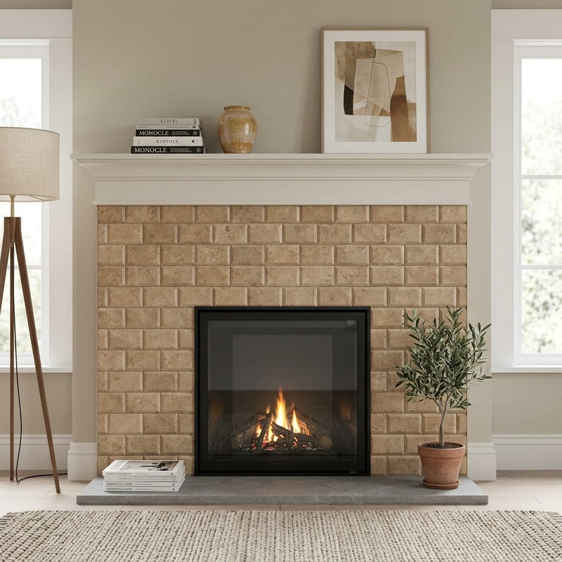 Noce (Antalya) Travertine 3x6 Honed Travertine Tile — Living Room fireplace surround