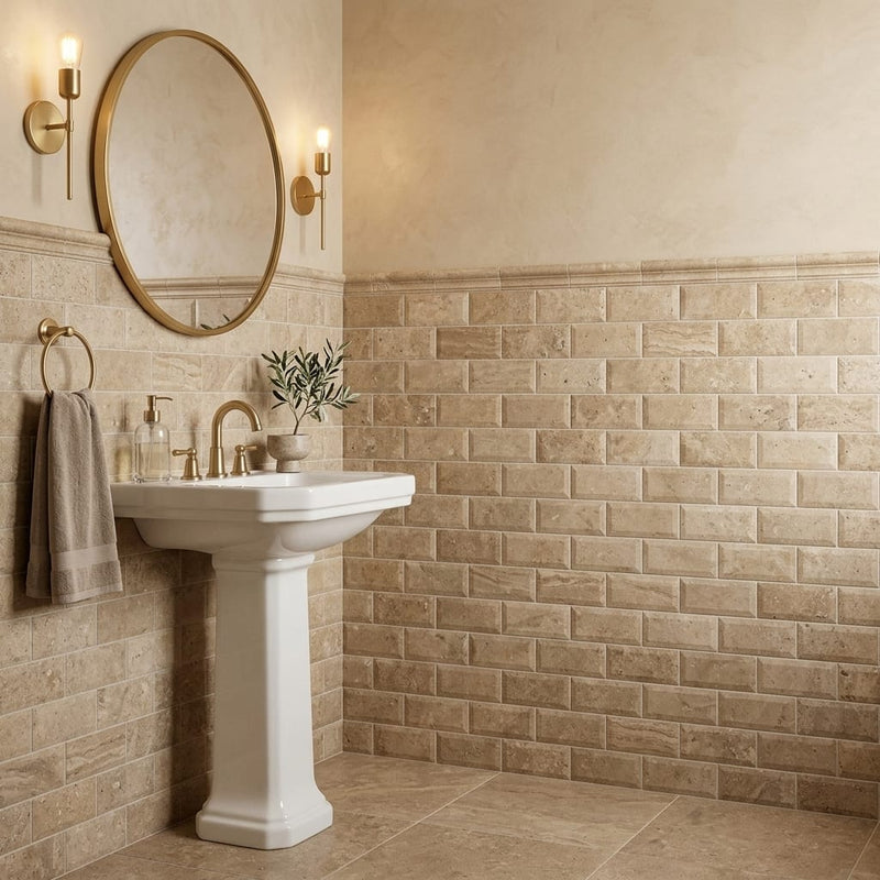 Noce (Antalya) Travertine 3x6 Honed Travertine Tile — Powder Room wainscot