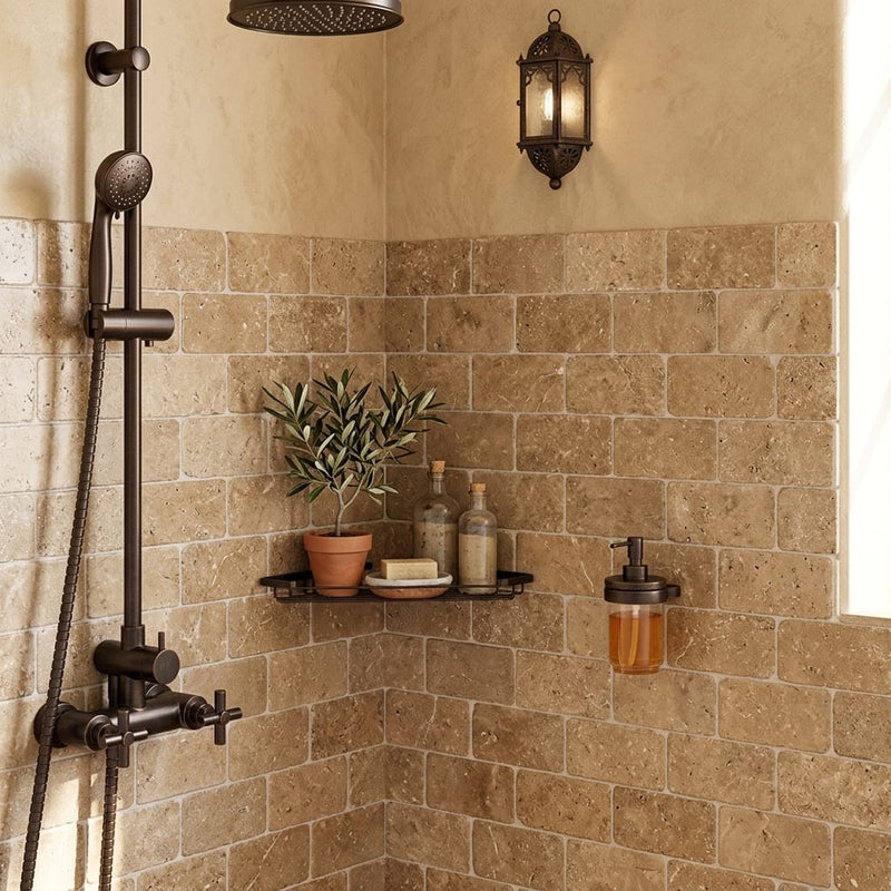 Noce (Antalya) Travertine 3x6 Tumbled Travertine Tile — Bathroom shower wall