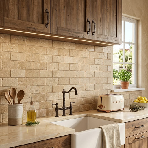 Noce (Antalya) Travertine 3x6 Tumbled Travertine Tile — Kitchen backsplash