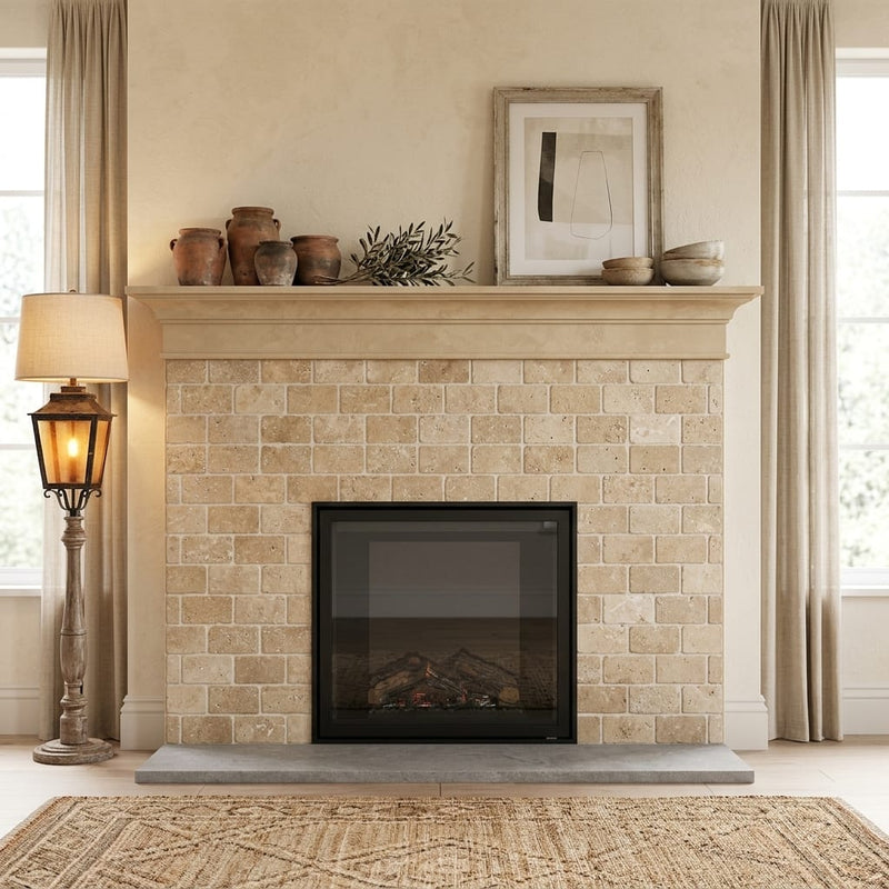 Noce (Antalya) Travertine 3x6 Tumbled Travertine Tile — Living Room fireplace surround