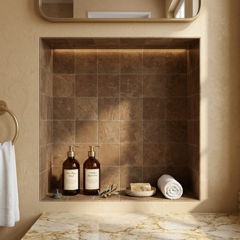 Noce (Antalya) Travertine 4x4 Filled & Honed Travertine Tile — Bathroom niche