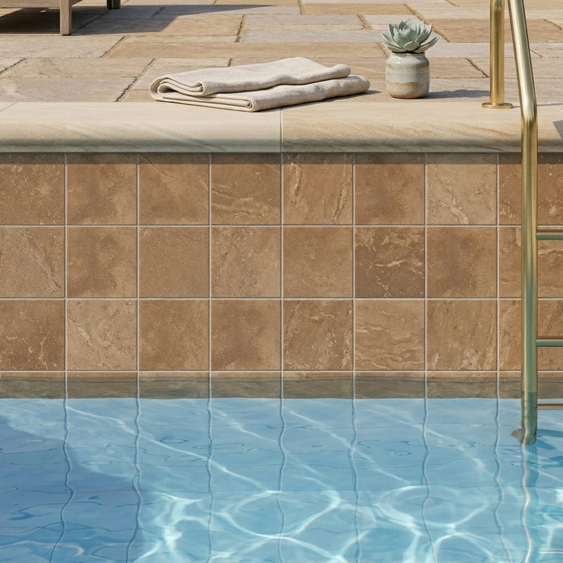 Noce (Antalya) Travertine 4x4 Filled & Honed Travertine Tile — Swimming Pool waterline