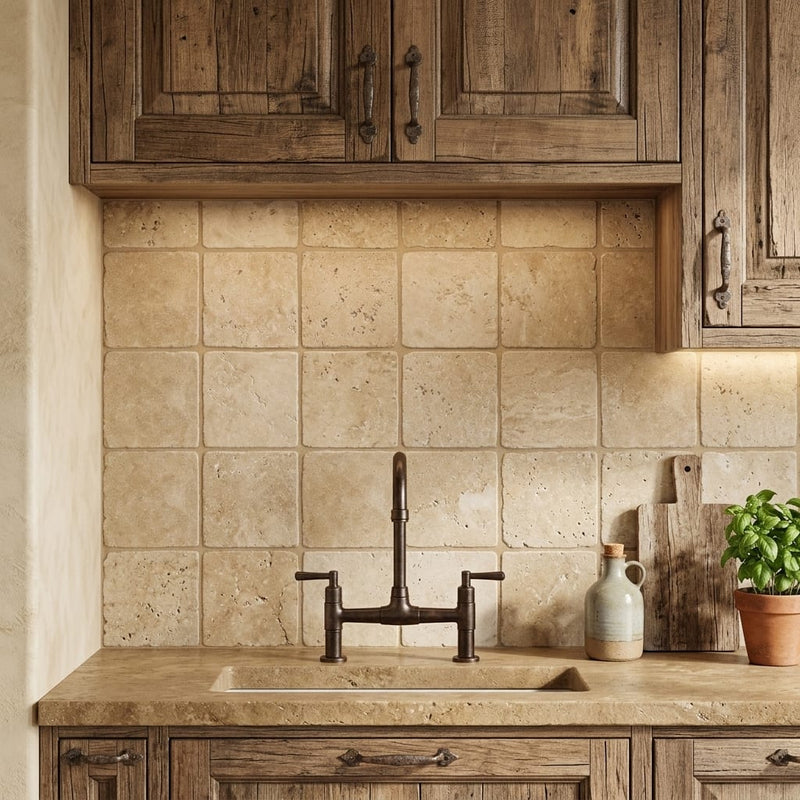 Noce (Antalya) Travertine 4x4 Tumbled Travertine Tile — Kitchen backsplash