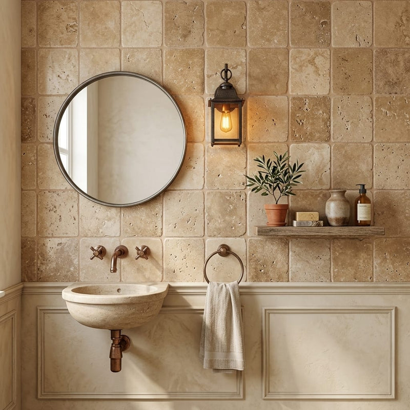 Noce (Antalya) Travertine 4x4 Tumbled Travertine Tile — Powder Room wall