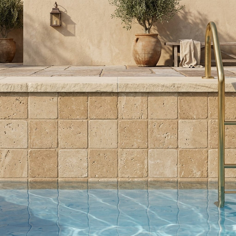 Noce (Antalya) Travertine 4x4 Tumbled Travertine Tile — Swimming Pool waterline