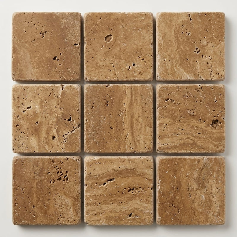 Noce (Antalya) Travertine 5/8x5/8 Tumbled Travertine Mosaic close-up