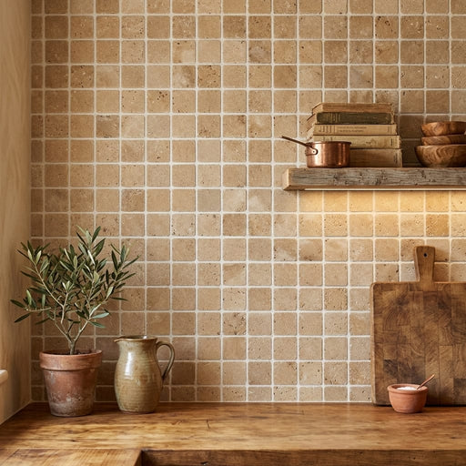 Noce (Antalya) Travertine 5/8x5/8 Tumbled Travertine Mosaic — Kitchen backsplash