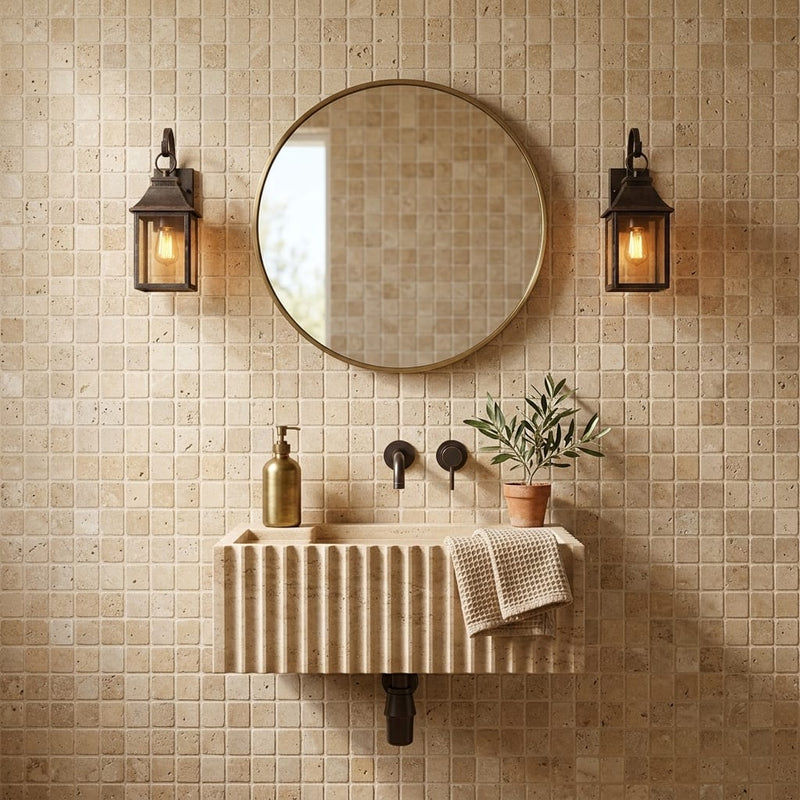 Noce (Antalya) Travertine 5/8x5/8 Tumbled Travertine Mosaic — Powder Room wall