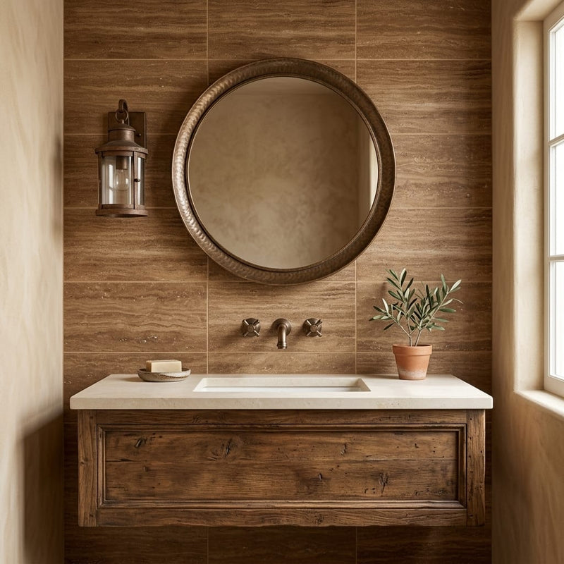 Noce Exotic (Vein-Cut) Travertine 6x12 Unfilled, Brushed & St.Edged Travertine Tile — Bathroom wall