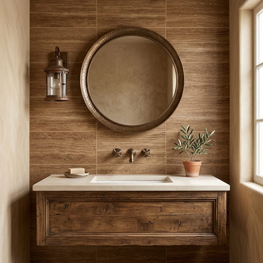 Noce Exotic (Vein-Cut) Travertine 6x12 Unfilled, Brushed & St.Edged Travertine Tile — Bathroom wall