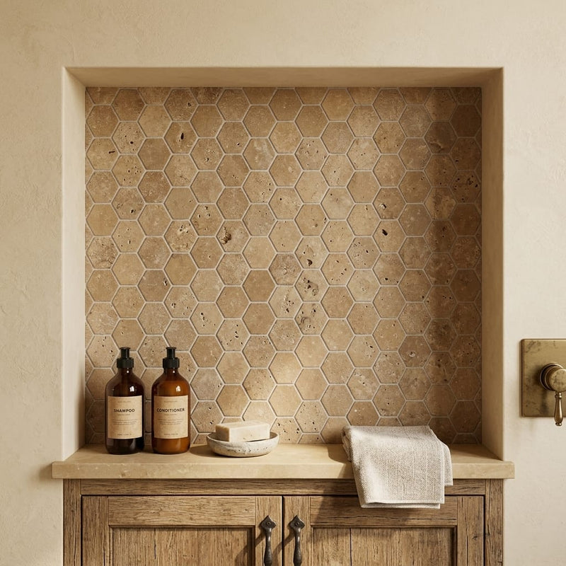 Noce Toros Travertine Hexagon 2 x 2 Hexagon Mosaic — Bathroom niche