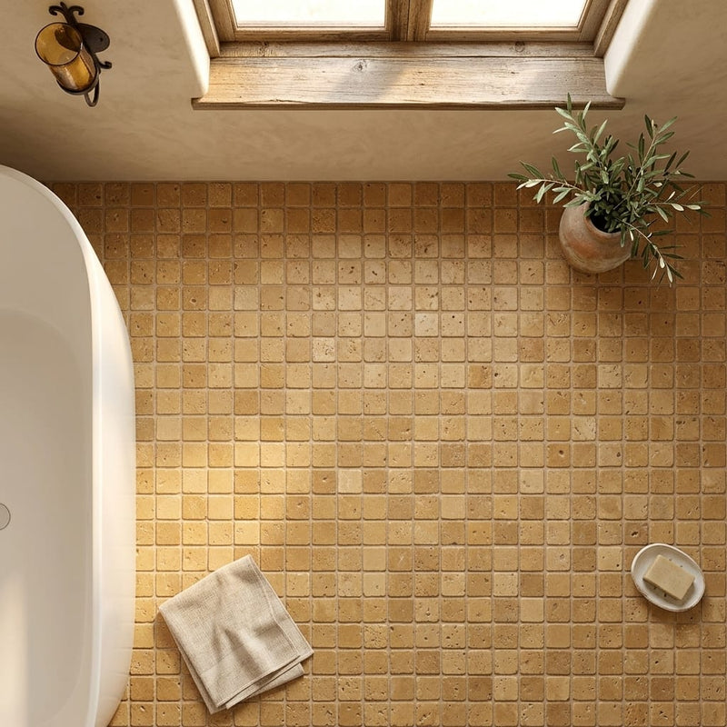 Noce Toros Travertine Tumbled 1 x 1 Mosaic 1x1 — Bathroom floor