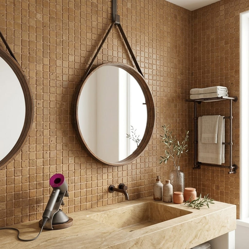 Noce Toros Travertine Tumbled 1 x 1 Mosaic 1x1 — Bathroom shower wall