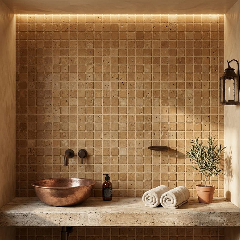 Noce Toros Travertine Tumbled 1 x 1 Mosaic 1x1 — Spa spa interior