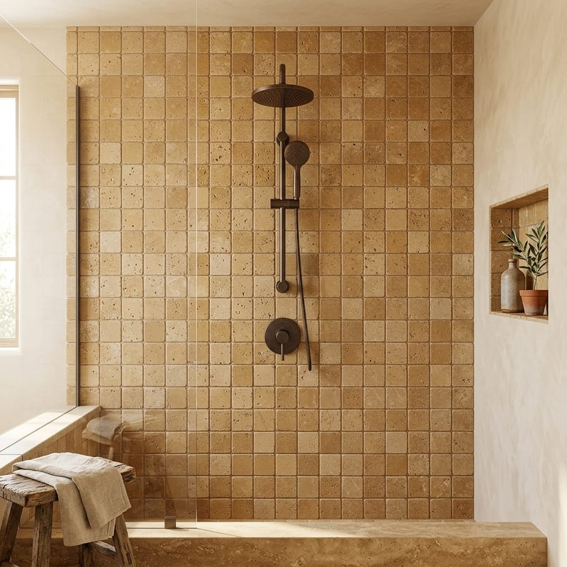 Noce Toros Travertine Tumbled 2 x 2 Mosaic 2x2 — Bathroom shower wall