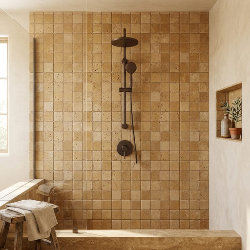 Noce Toros Travertine Tumbled 2 x 2 Mosaic 2x2 — Bathroom shower wall