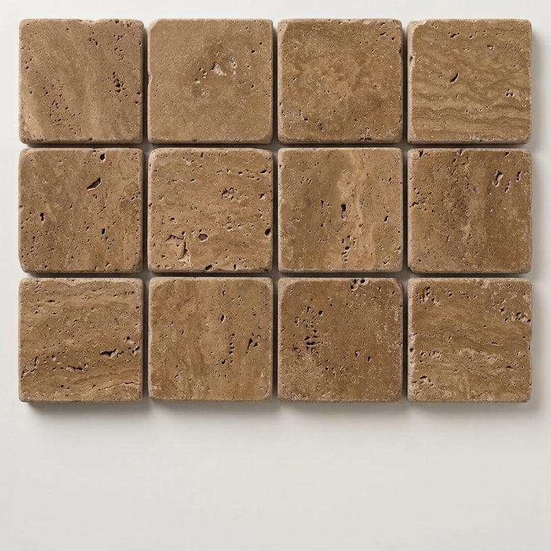 Noce Toros Travertine Tumbled 2 x 2 Mosaic 2x2 close-up