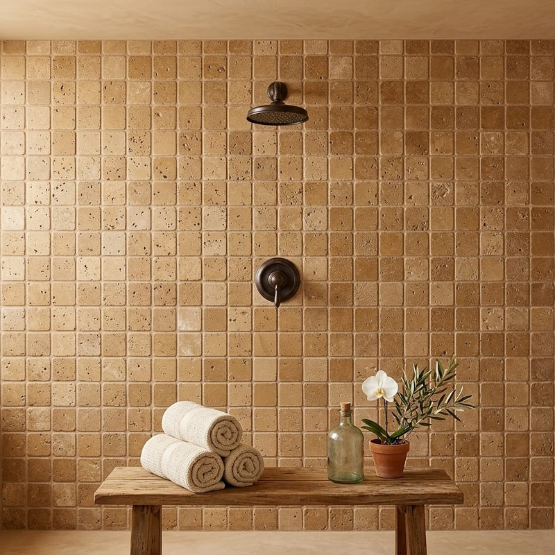 Noce Toros Travertine Tumbled 2 x 2 Mosaic 2x2 — Spa spa interior