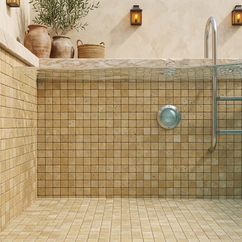 Noce Toros Travertine Tumbled 2 x 2 Mosaic 2x2 — Swimming Pool pool interior tiling