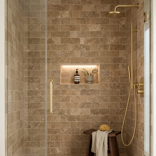 Noce Toros Travertine Unfilled & Honed 4 x 12 Colosseo Tile 4x12 — Bathroom shower wall