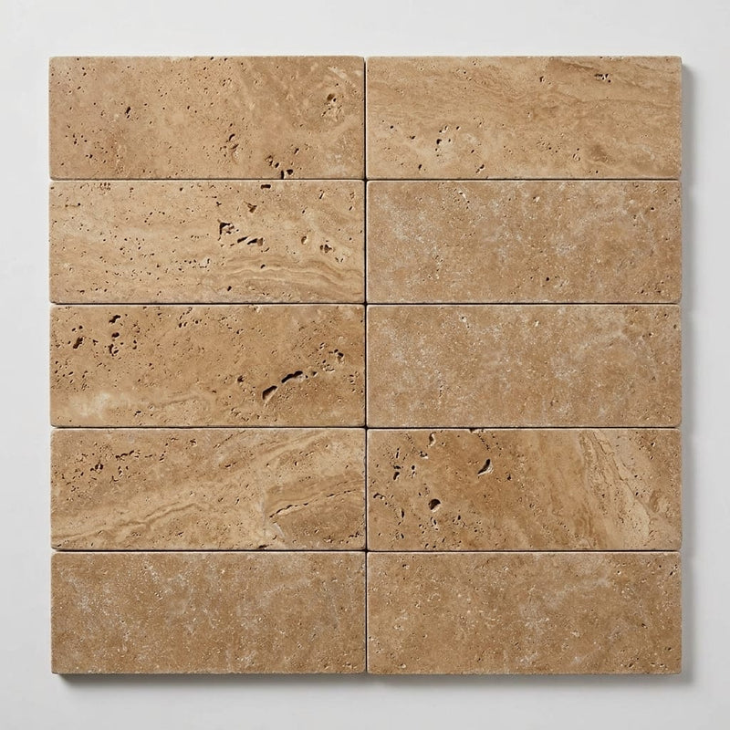 Noce Toros Travertine Unfilled & Honed 4 x 12 Colosseo Tile 4x12 close-up