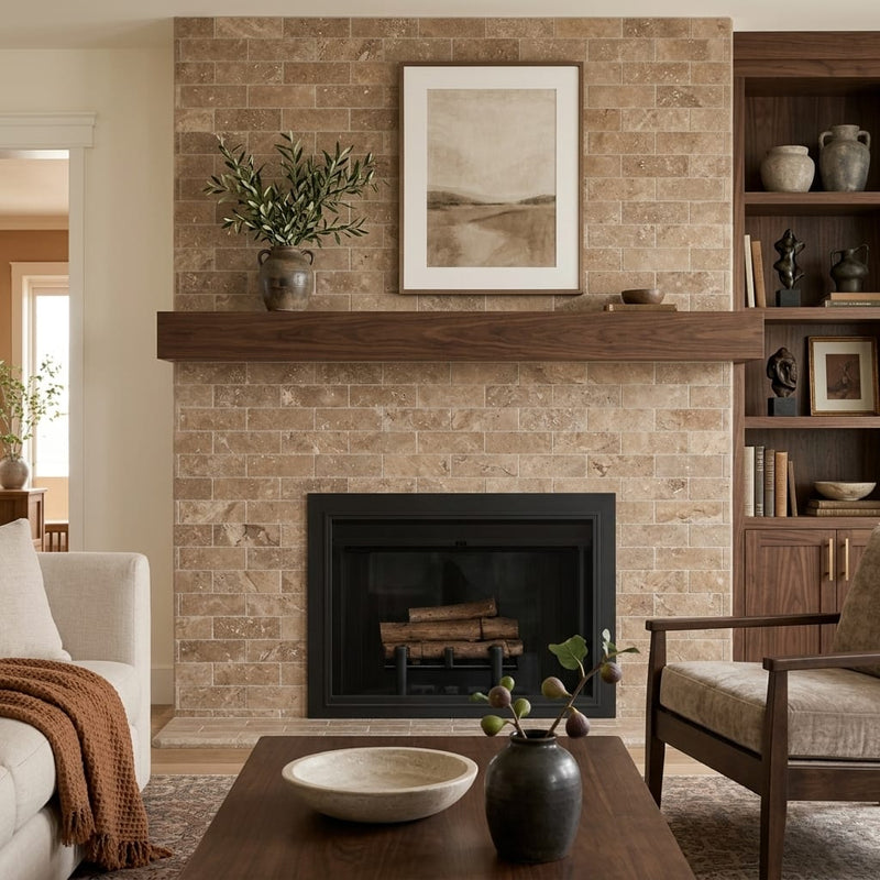 Noce Toros Travertine Unfilled & Honed 4 x 12 Colosseo Tile 4x12 — Living Room fireplace surround