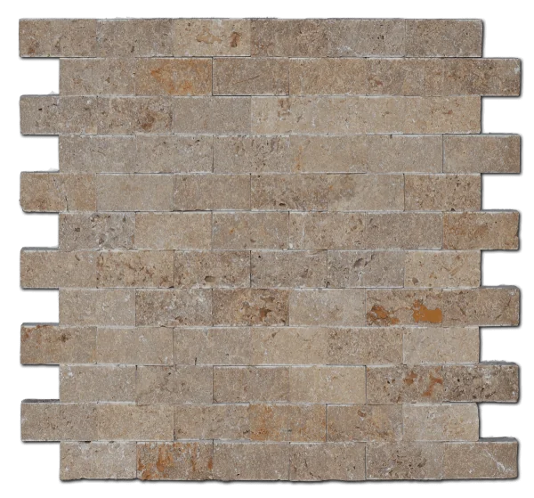 12x12 Mesh Splitface Noce 1x2 Brick Textured Travertine Mosaic