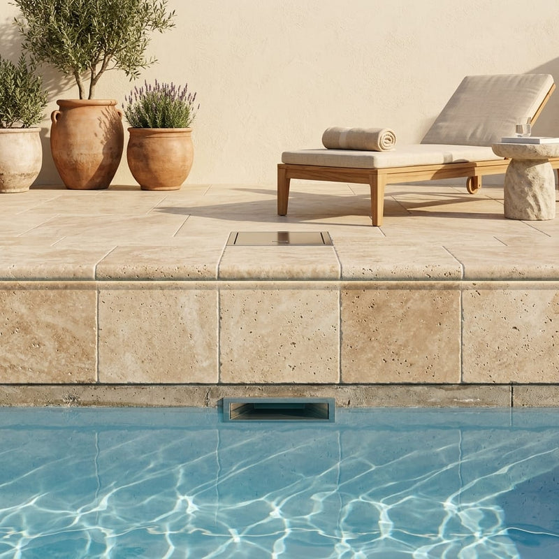 Beige Noce Travertine Coping 12x12 Tumbled Bullnose 1.25 inch pool coping — Swimming Pool remodel pool edge