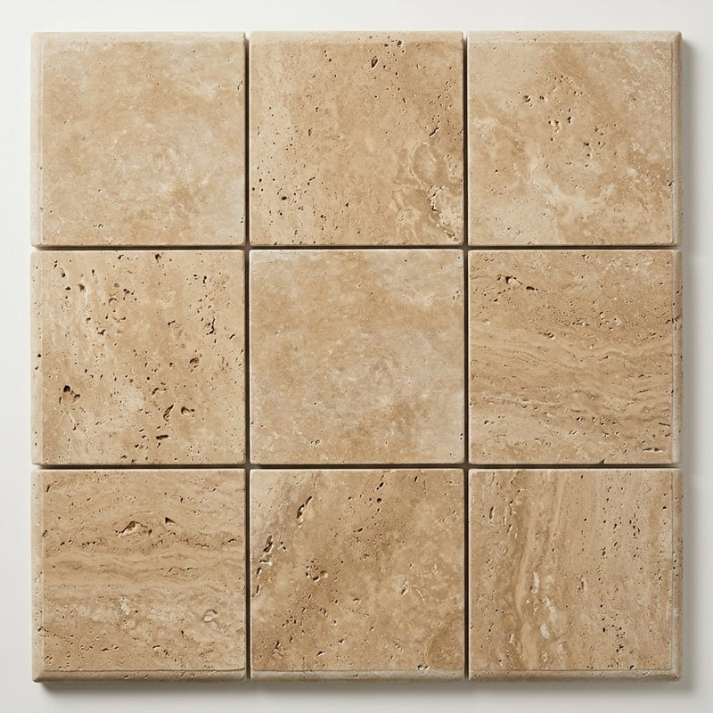 Noce Travertine Coping 12x12 Tumbled Bullnose 2 inch close-up