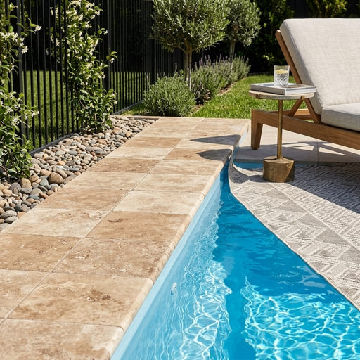 Noce Travertine Coping 12x12 Tumbled Bullnose 2 inch pool coping — Swimming Pool pool edge drop-face coping