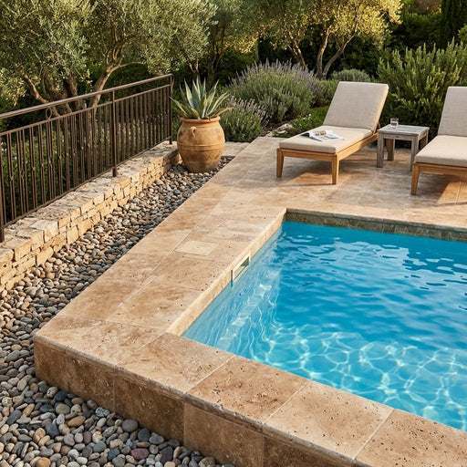 Noce Travertine Coping 12x12 Tumbled Double Bullnose 2 inch pool coping — Swimming Pool pool edge drop-face coping