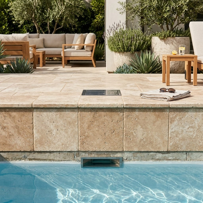 Noce Travertine Coping 12x12 Tumbled Double Bullnose 2 inch pool coping — Swimming Pool remodel pool edge