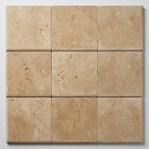 Noce Travertine Coping 12x12 Unfilled Honed Bullnose 1.25 inch close-up