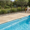 Noce Travertine Coping 12x12 Unfilled Honed Bullnose 1.25 inch pool coping — Swimming Pool pool edge drop-face coping