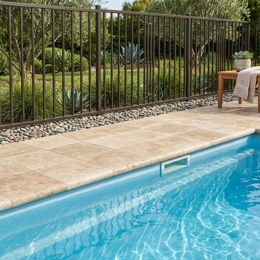 Noce Travertine Coping 12x12 Unfilled Honed Bullnose 1.25 inch pool coping — Swimming Pool pool edge drop-face coping